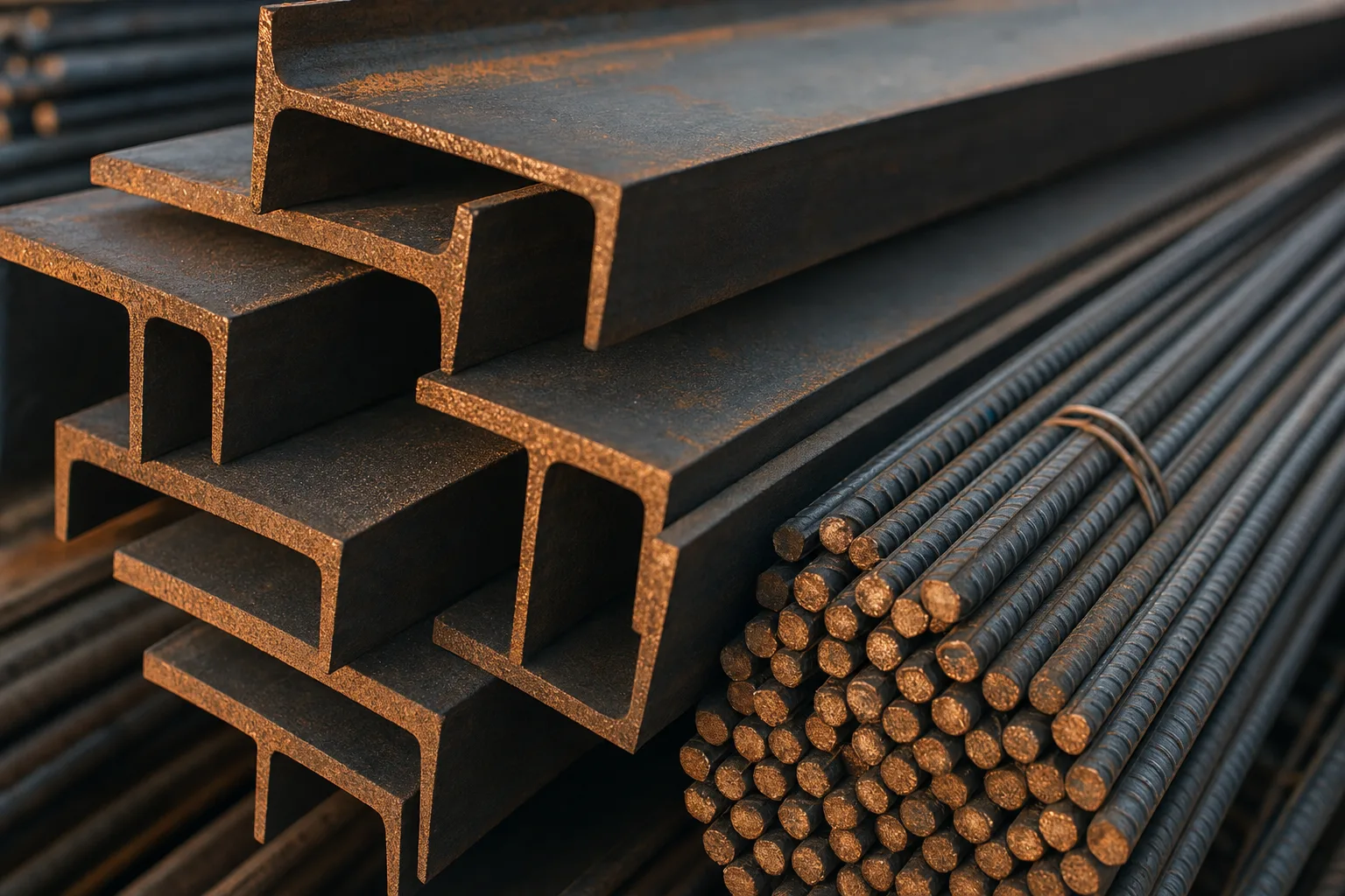 Stacked steel beams and bundled rebar in warm afternoon light