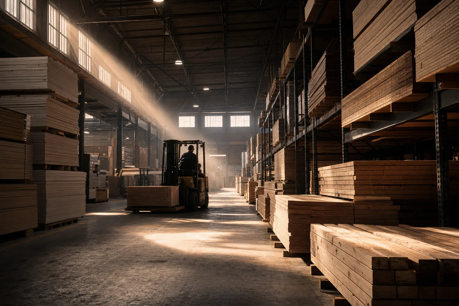Stacked lumber and palletized materials inside a distribution warehouse